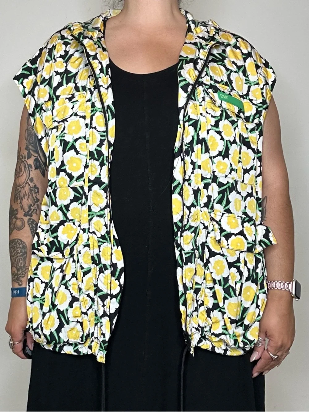 DVF Floral Sleeveless Hooded Vest Size XXL